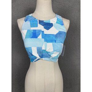 Splendid Twist High-Neck Halter Bikini Top Blue Geometric Racerback Large NWT's